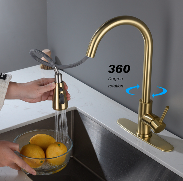 AEELLEEA Brushed Gold Pull Down Kitchen Faucet, 3 Modes Swivel Gooseneck Sink Faucet with Deck Plate