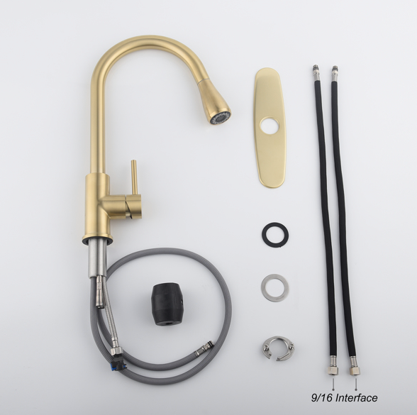 AEELLEEA Brushed Gold Pull Down Kitchen Faucet, 3 Modes Swivel Gooseneck Sink Faucet with Deck Plate