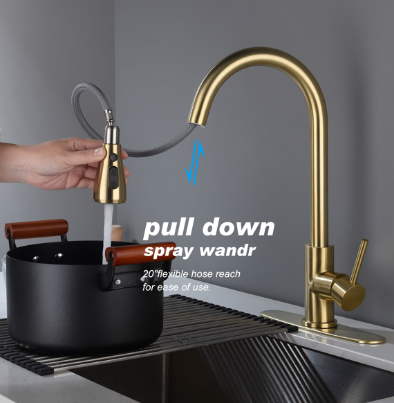 AEELLEEA Brushed Gold Pull Down Kitchen Faucet, 3 Modes Swivel Gooseneck Sink Faucet with Deck Plate