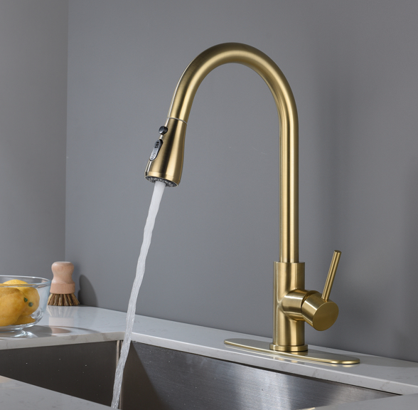 AEELLEEA Brushed Gold Pull Down Kitchen Faucet, 3 Modes Swivel Gooseneck Sink Faucet with Deck Plate