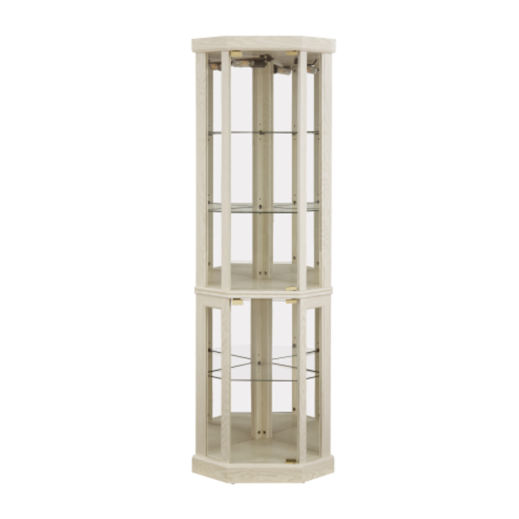 AEELLEEA Hexagonal Glass Curio Cabinet, Adjustable Tempered Glass Shelves, Mirrored Back, Magnetic Doors, Antique White