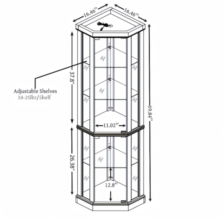 AEELLEEA Hexagonal Glass Curio Cabinet, Adjustable Tempered Glass Shelves, Mirrored Back, Magnetic Doors, Antique White