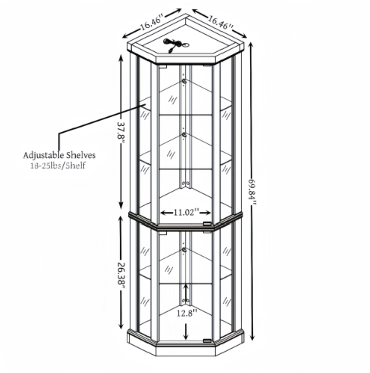 AEELLEEA Hexagonal Glass Curio Cabinet, Adjustable Tempered Glass Shelves, Mirrored Back, Magnetic Doors