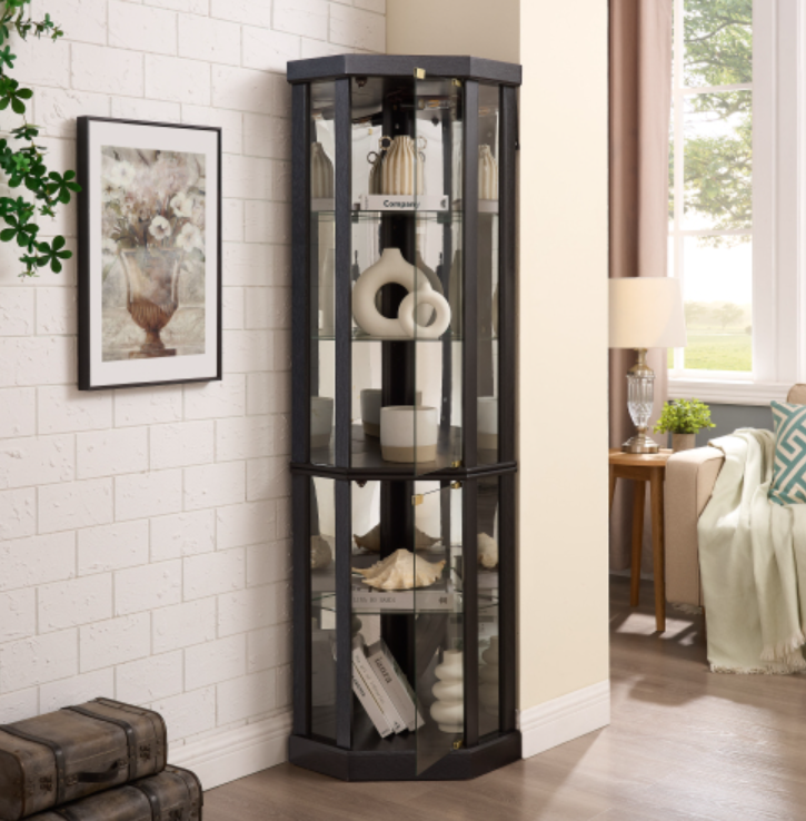 AEELLEEA Hexagonal Glass Curio Cabinet, Adjustable Tempered Glass Shelves, Mirrored Back, Magnetic Doors