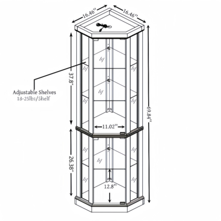AEELLEEA Hexagonal Glass Curio Cabinet, Adjustable Tempered Glass Shelves, Mirrored Back, Magnetic Doors