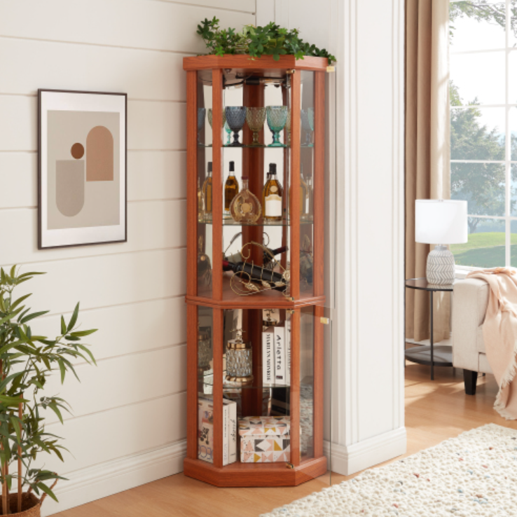 AEELLEEA Hexagonal Glass Curio Cabinet, Adjustable Tempered Glass Shelves, Mirrored Back, Magnetic Doors