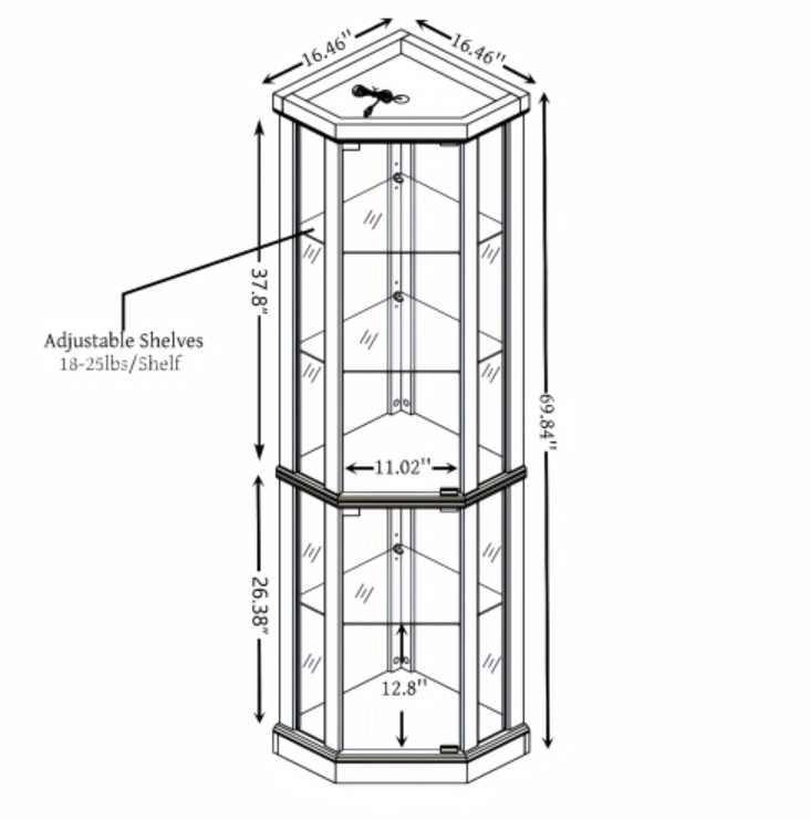 AEELLEEA Hexagonal Glass Curio Cabinet, Adjustable Tempered Glass Shelves, Mirrored Back, Magnetic Doors