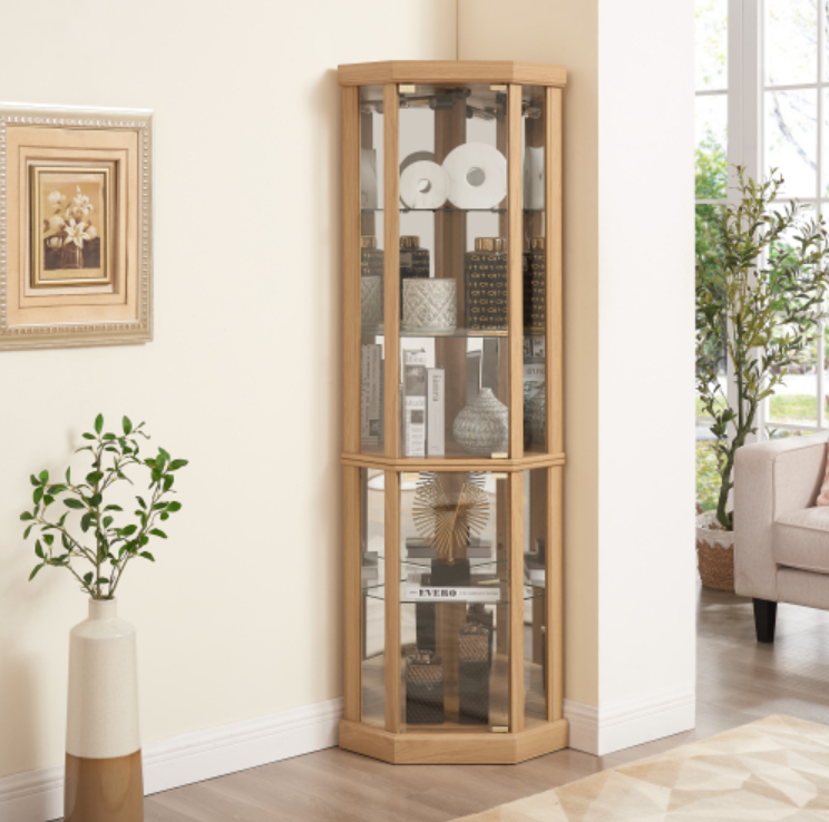 AEELLEEA Hexagonal Glass Curio Cabinet, Adjustable Tempered Glass Shelves, Mirrored Back, Magnetic Doors
