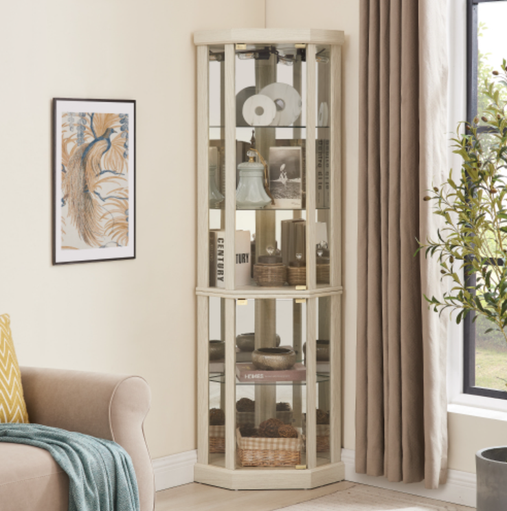 AEELLEEA Hexagonal Glass Curio Cabinet, Adjustable Tempered Glass Shelves, Mirrored Back, Magnetic Doors, Antique White