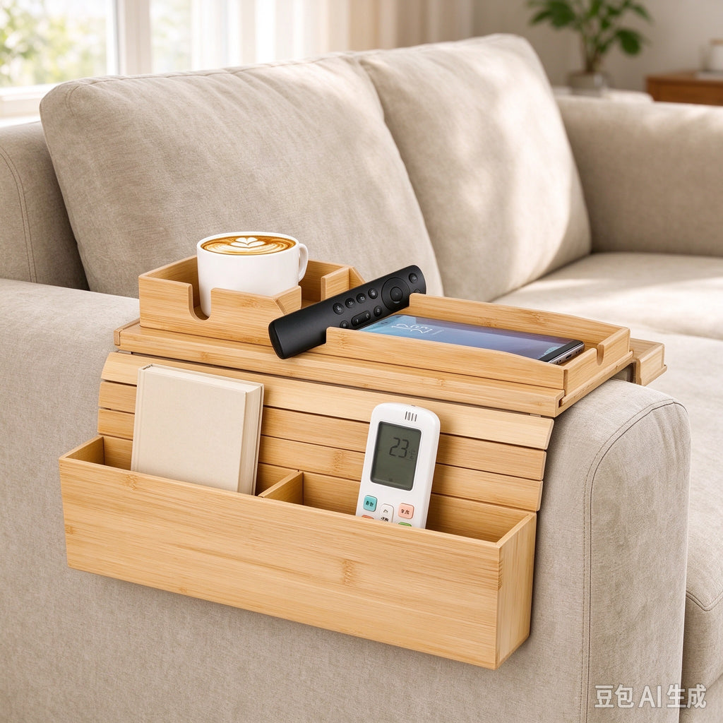 Bamboo Sofa Arm Tray Foldable Couch Armrest Table with Detachable Cup Holder Anti Slip Tray for Drinks Phone Snacks Remote Control