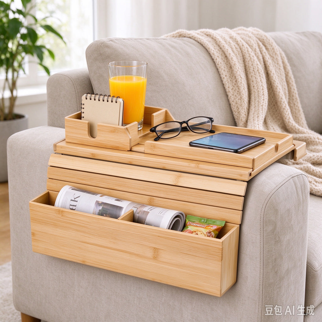 Bamboo Sofa Arm Tray Foldable Couch Armrest Table with Detachable Cup Holder Anti Slip Tray for Drinks Phone Snacks Remote Control
