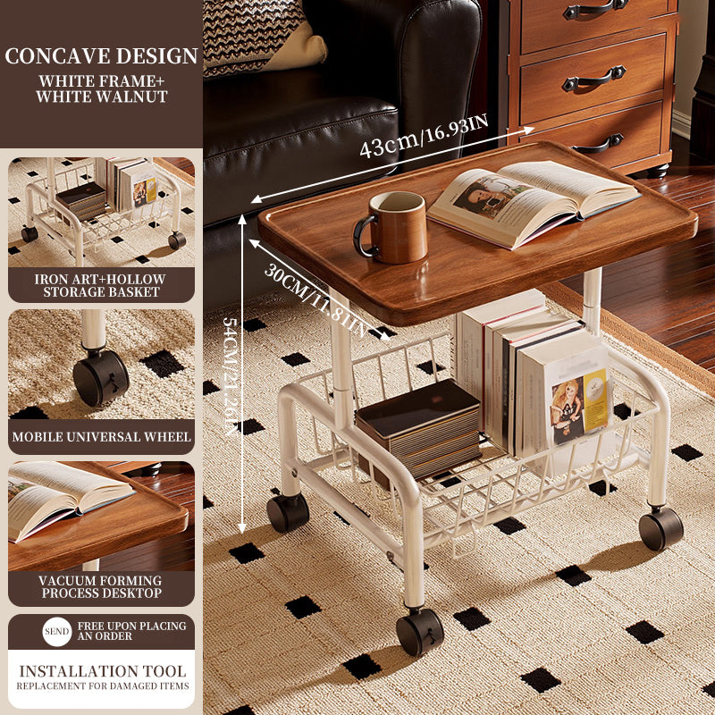 Mobile Sofa Side Table Cart, 2-Tier Design with Removable Metal Basket, 360° Rolling Storage Table for Bedside Living Room