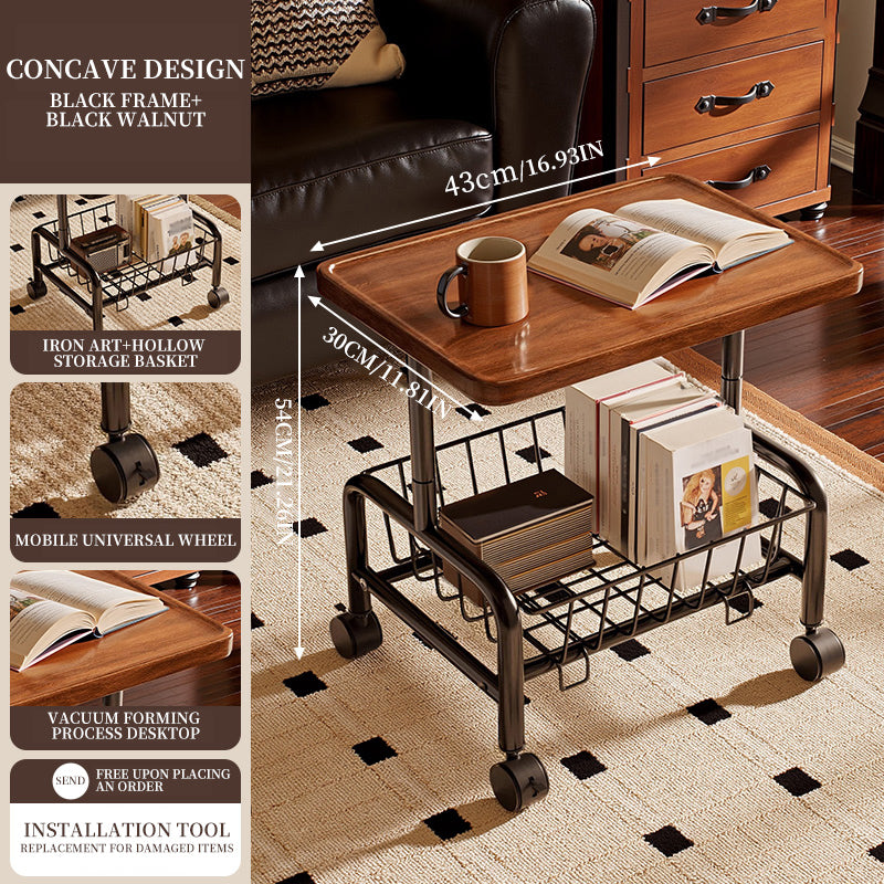Mobile Sofa Side Table Cart, 2-Tier Design with Removable Metal Basket, 360° Rolling Storage Table for Bedside Living Room