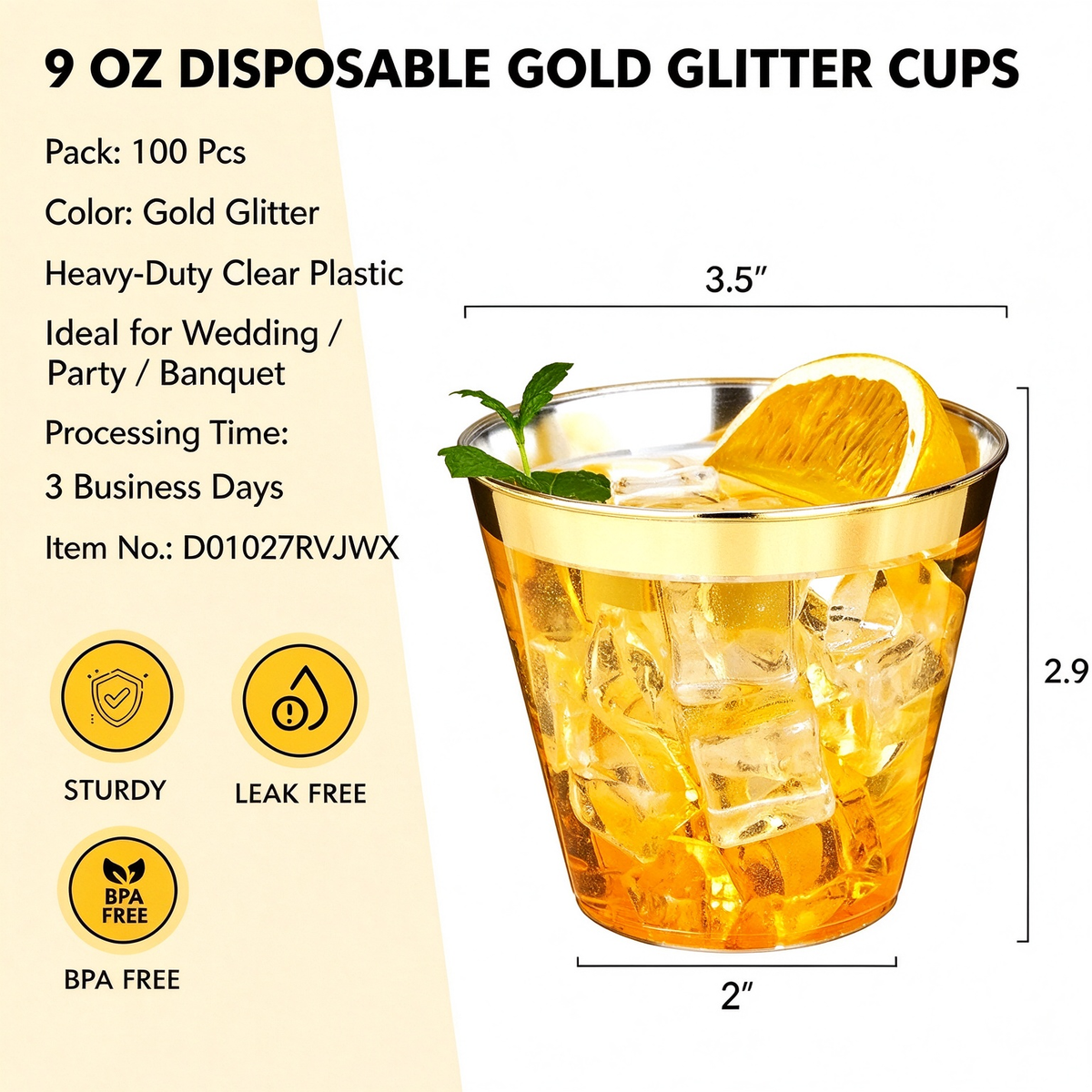 100-Pack 9oz Heavy-Duty Disposable Plastic Tumbler Cups, Clear Party Cups with Elegant Gold Rim for Wedding, Birthday & Holiday Events