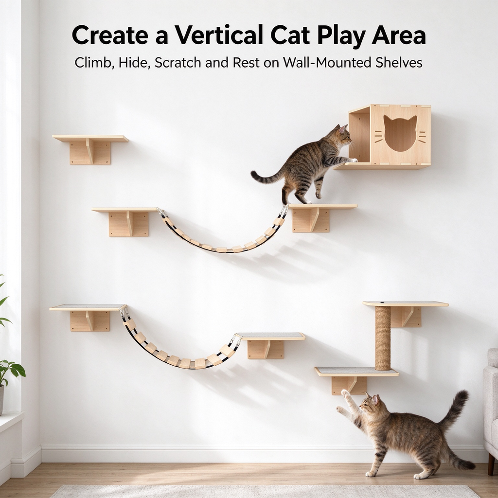 Wall Mounted Cat Shelves Set, Wood Cat Wall Furniture with Cat House, Platforms, Bridge & Sisal Scratching Post, Natural Wood Finish for Indoor Cats