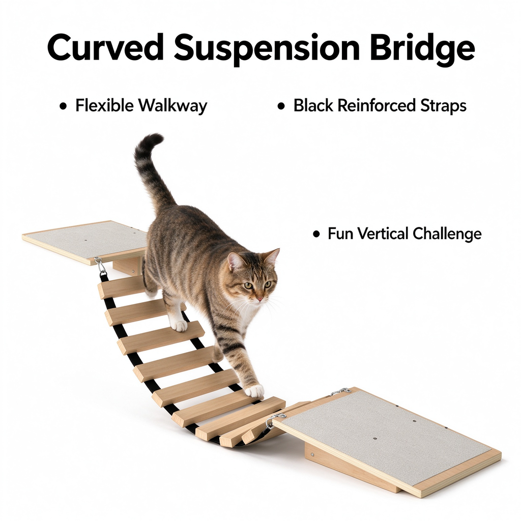 Wall Mounted Cat Shelves Set, Wood Cat Wall Furniture with Cat House, Platforms, Bridge & Sisal Scratching Post, Natural Wood Finish for Indoor Cats