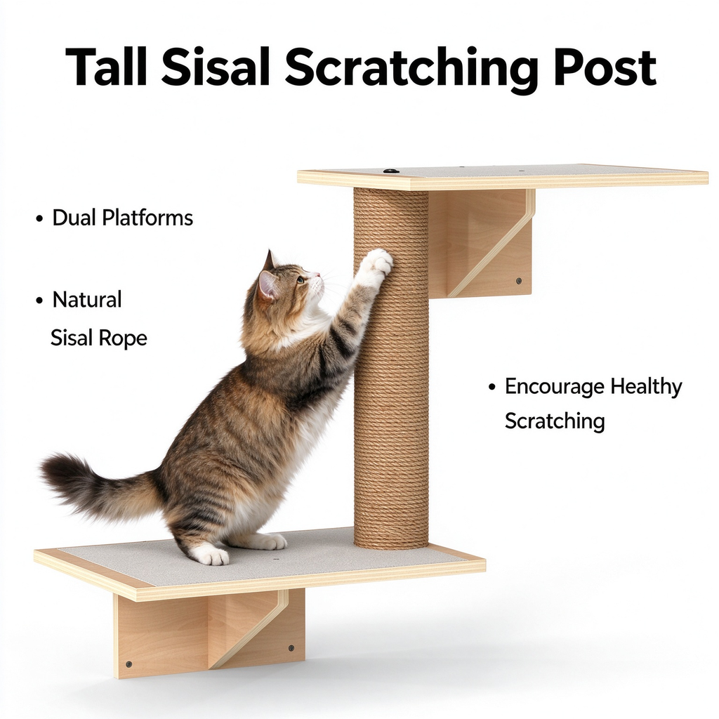 Wall Mounted Cat Shelves Set, Wood Cat Wall Furniture with Cat House, Platforms, Bridge & Sisal Scratching Post, Natural Wood Finish for Indoor Cats