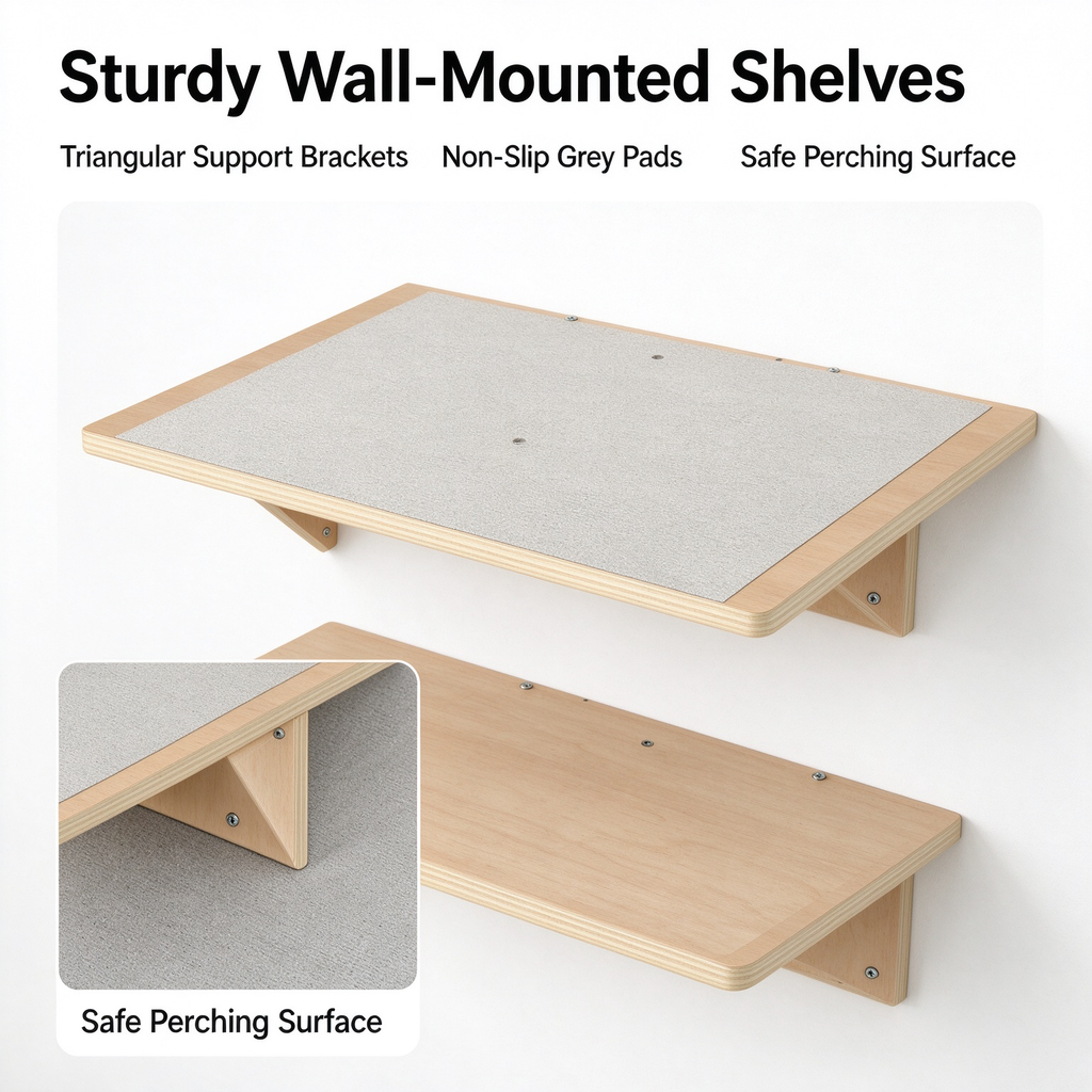 Wall Mounted Cat Shelves Set, Wood Cat Wall Furniture with Cat House, Platforms, Bridge & Sisal Scratching Post, Natural Wood Finish for Indoor Cats