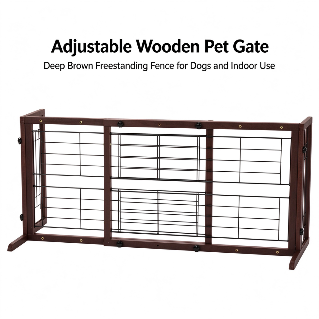 38"-71" Adjustable Wooden Pet Gate, Freestanding Dog Fence with Wire Mesh for Doorways & Stairs, Deep Brown