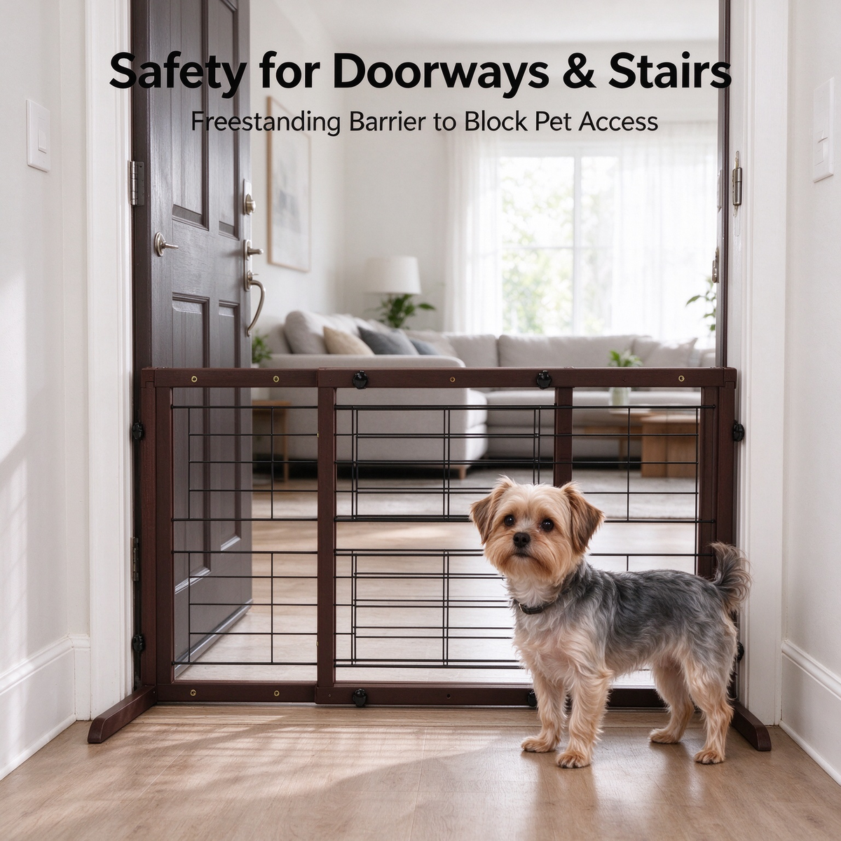 38"-71" Adjustable Wooden Pet Gate, Freestanding Dog Fence with Wire Mesh for Doorways & Stairs, Deep Brown