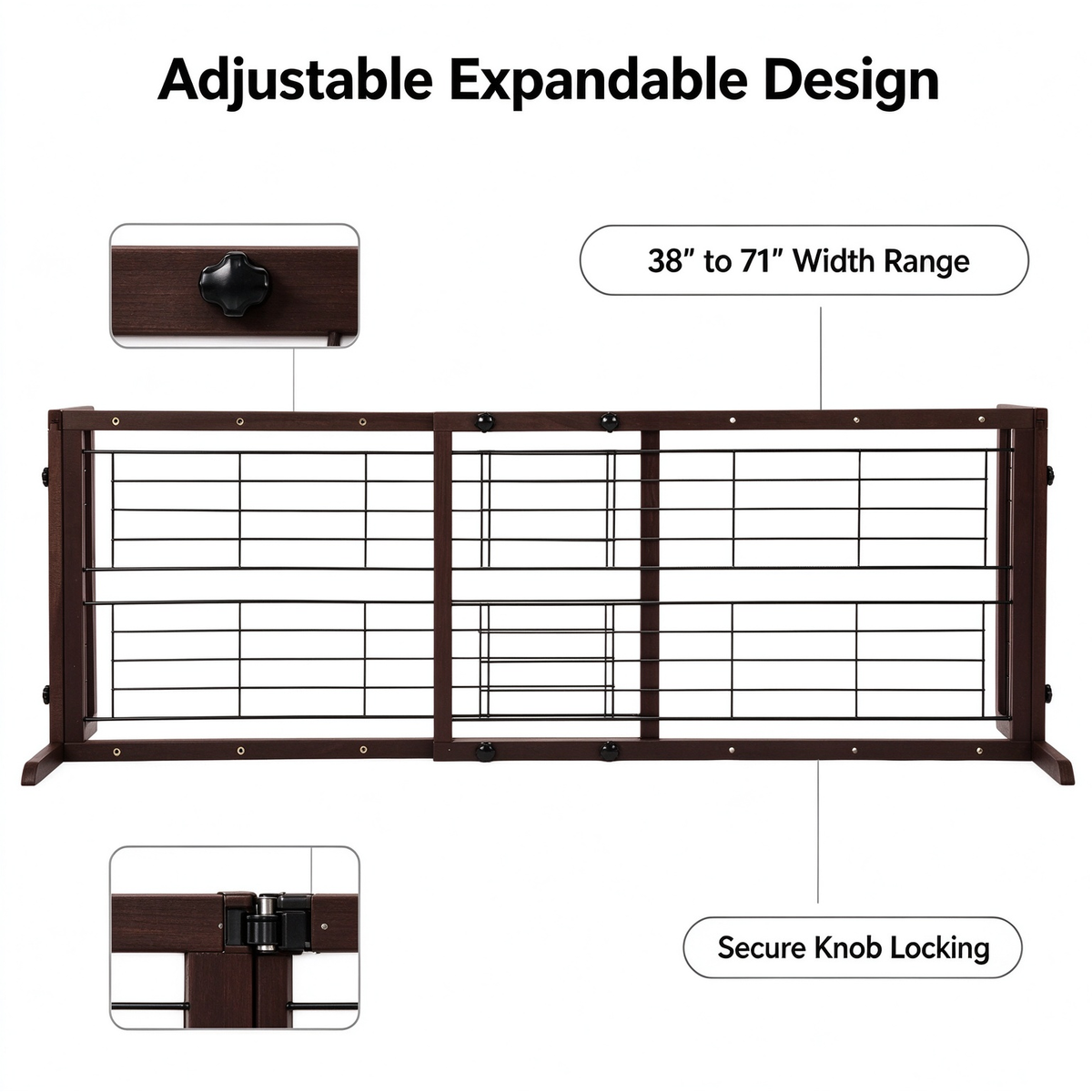 38"-71" Adjustable Wooden Pet Gate, Freestanding Dog Fence with Wire Mesh for Doorways & Stairs, Deep Brown