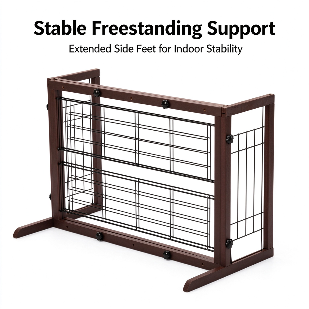 38"-71" Adjustable Wooden Pet Gate, Freestanding Dog Fence with Wire Mesh for Doorways & Stairs, Deep Brown
