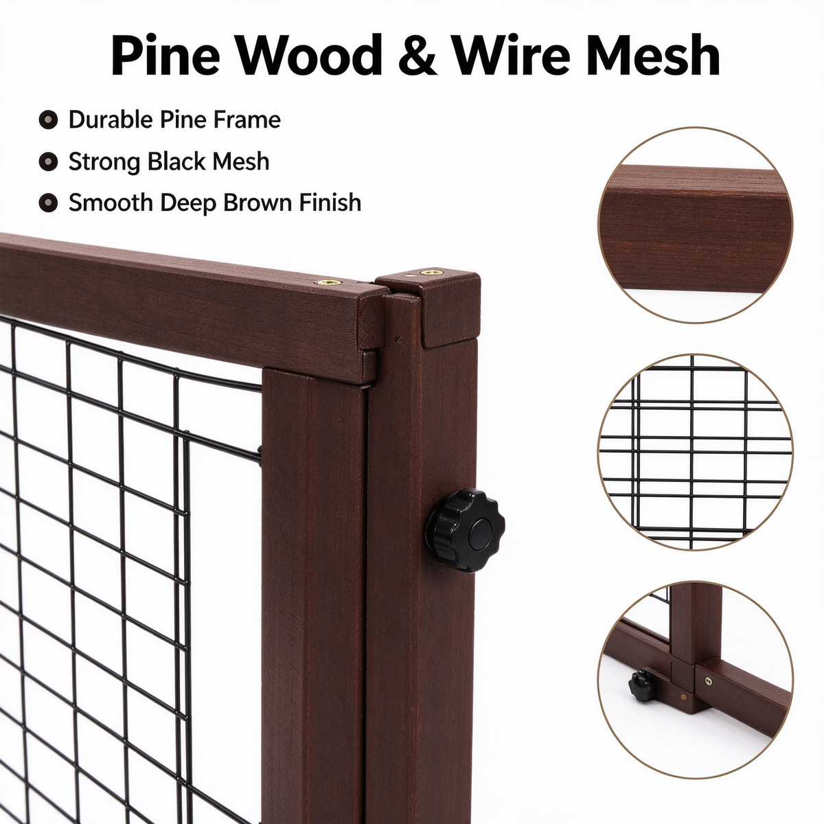 38"-71" Adjustable Wooden Pet Gate, Freestanding Dog Fence with Wire Mesh for Doorways & Stairs, Deep Brown