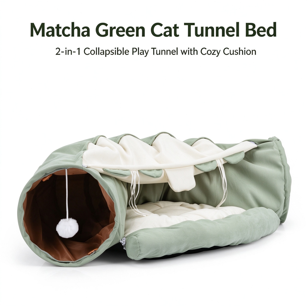 Collapsible Cat Tunnel with Cat Bed, Matcha Green Oxford Cloth Cat Play Tunnel with Hanging Balls & Removable Cushion for Indoor Cats