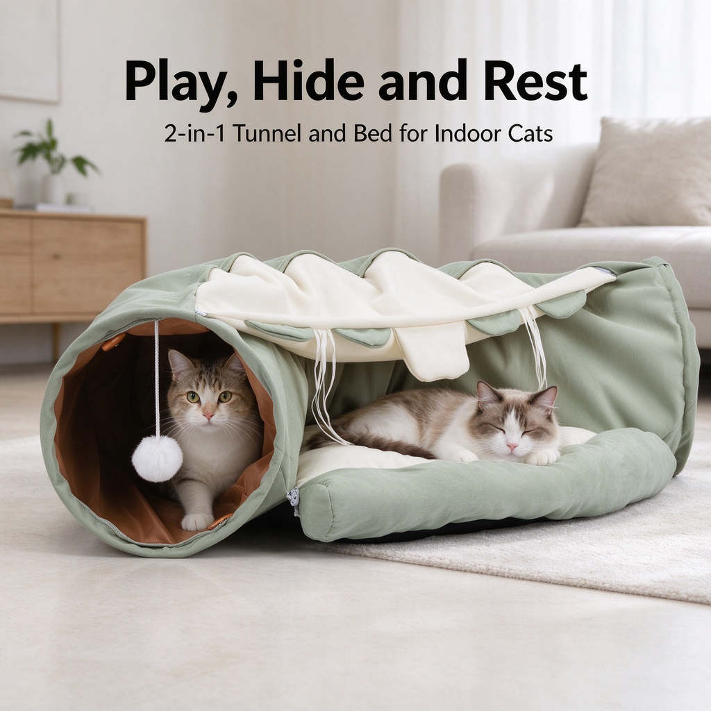 Collapsible Cat Tunnel with Cat Bed, Matcha Green Oxford Cloth Cat Play Tunnel with Hanging Balls & Removable Cushion for Indoor Cats