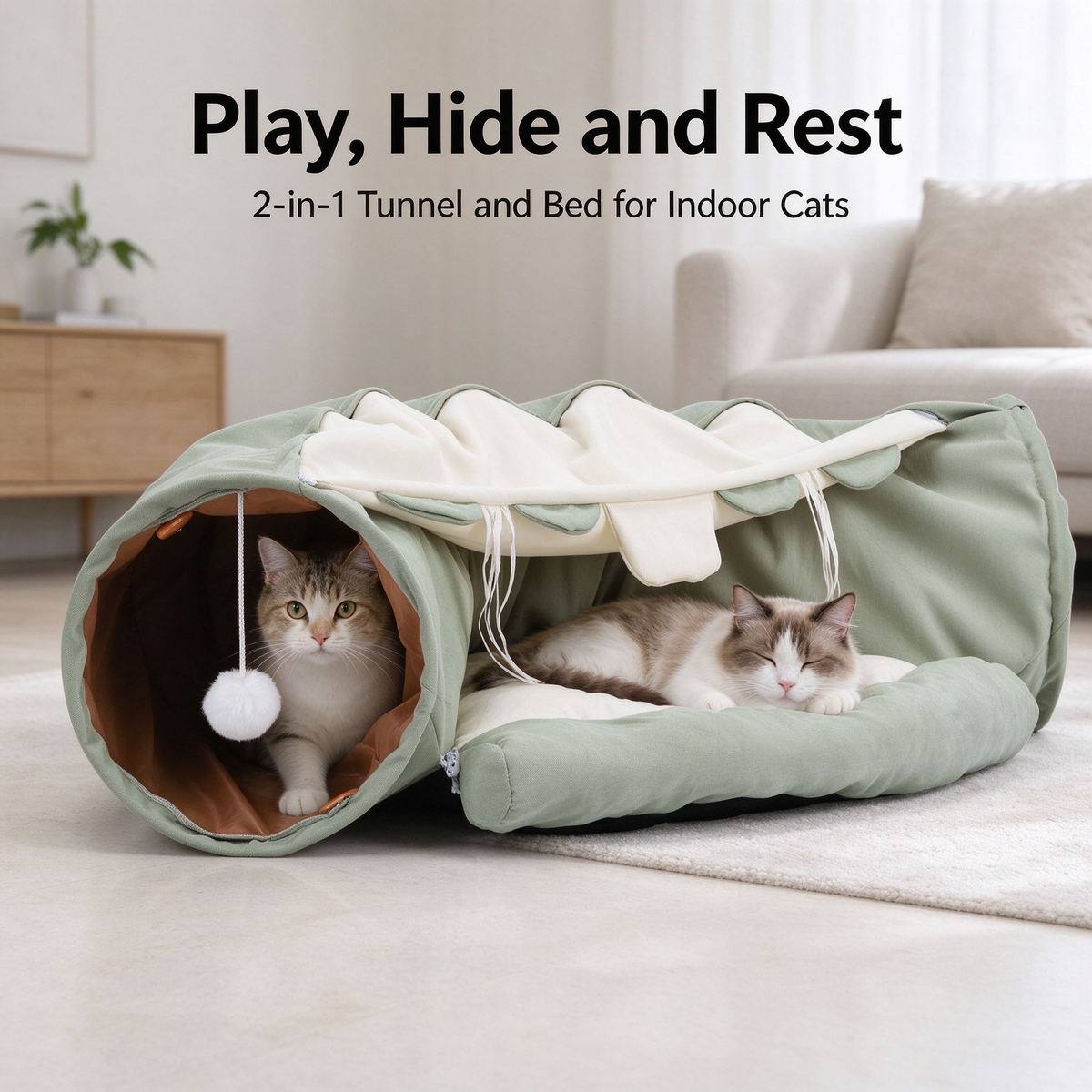 Collapsible Cat Tunnel with Cat Bed, Matcha Green Oxford Cloth Cat Play Tunnel with Hanging Balls & Removable Cushion for Indoor Cats