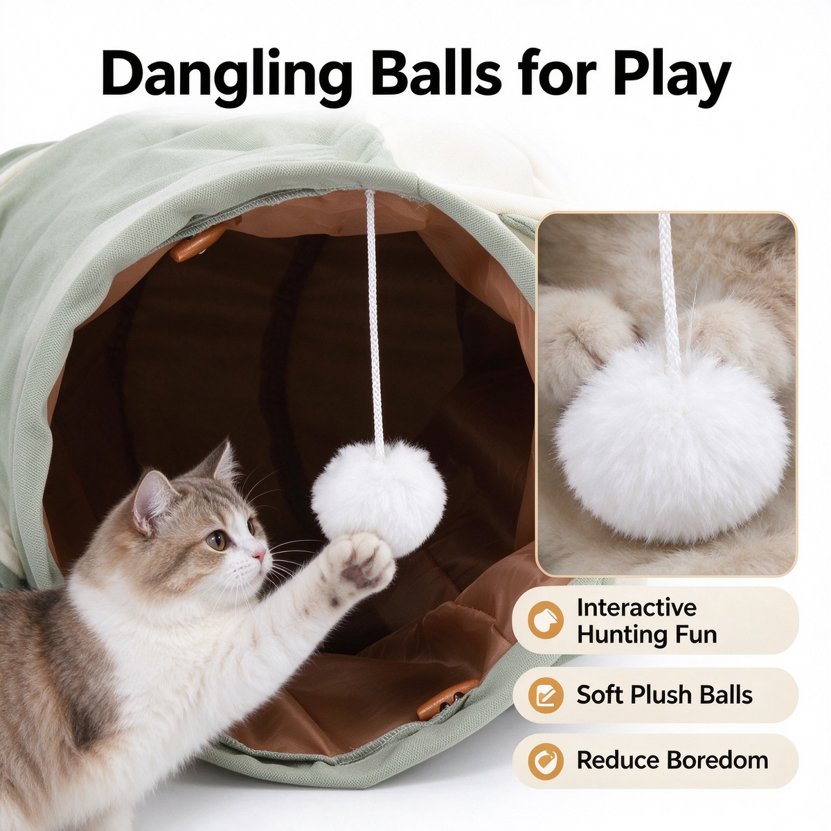 Collapsible Cat Tunnel with Cat Bed, Matcha Green Oxford Cloth Cat Play Tunnel with Hanging Balls & Removable Cushion for Indoor Cats