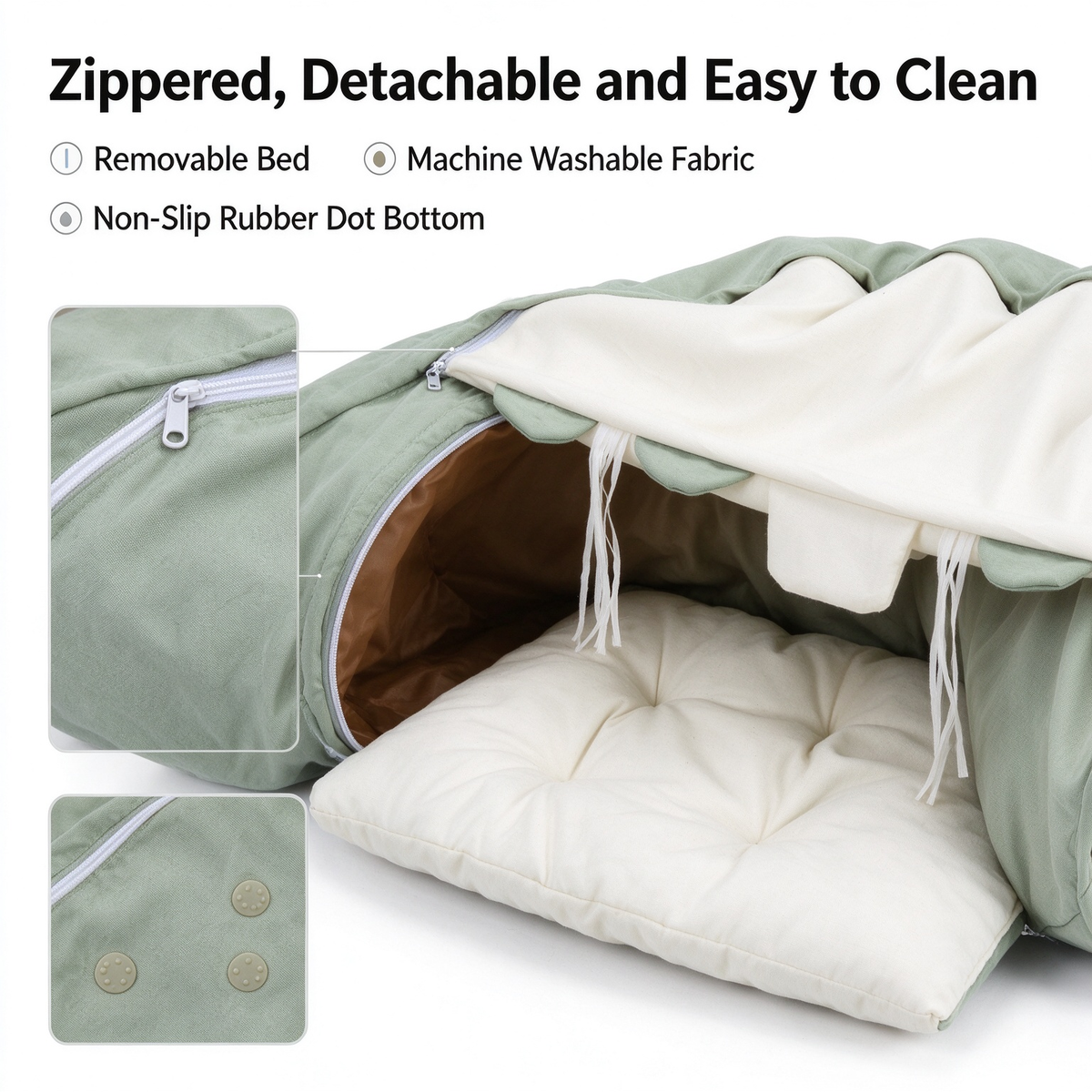 Collapsible Cat Tunnel with Cat Bed, Matcha Green Oxford Cloth Cat Play Tunnel with Hanging Balls & Removable Cushion for Indoor Cats