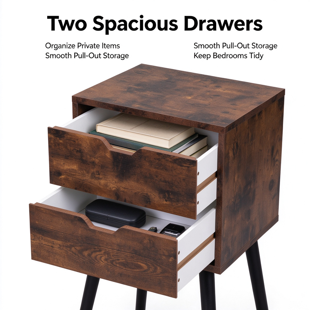 2 Pack Nightstand with 2 Drawers, Rustic Brown Black Bedside Table with Solid Pine Wood Legs, Hidden Pull End Side Table for Bedroom Living Room
