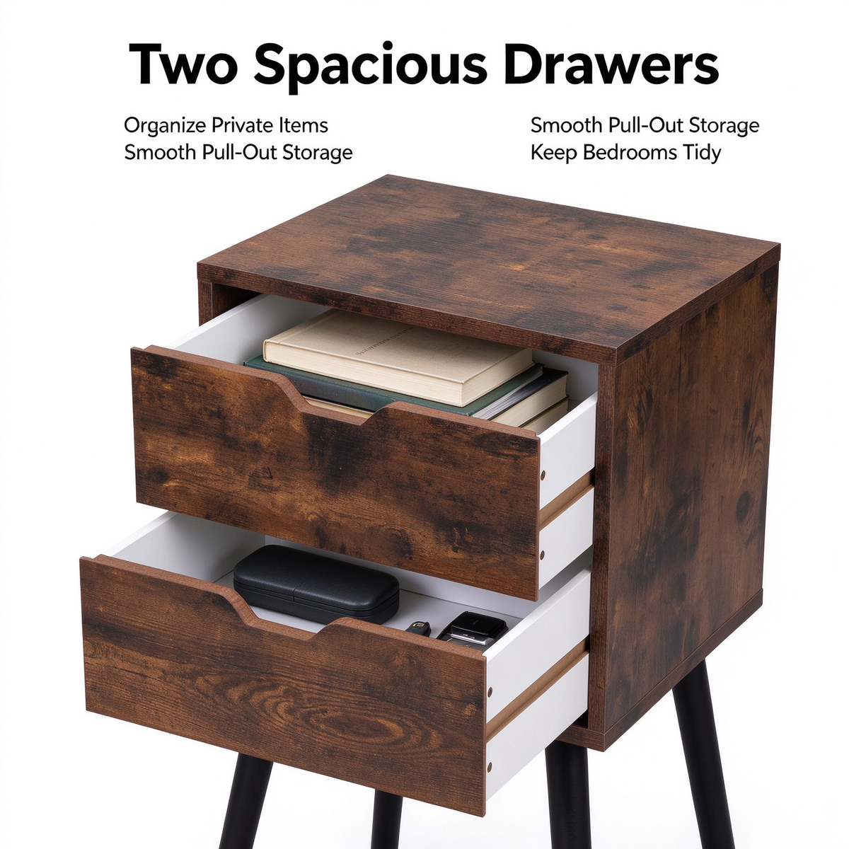 2 Pack Nightstand with 2 Drawers, Rustic Brown Black Bedside Table with Solid Pine Wood Legs, Hidden Pull End Side Table for Bedroom Living Room