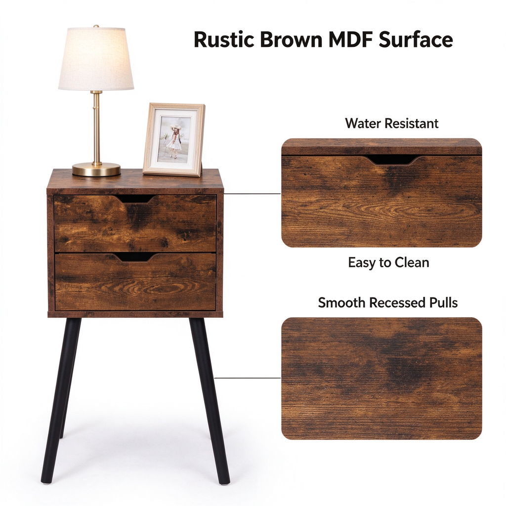 2 Pack Nightstand with 2 Drawers, Rustic Brown Black Bedside Table with Solid Pine Wood Legs, Hidden Pull End Side Table for Bedroom Living Room
