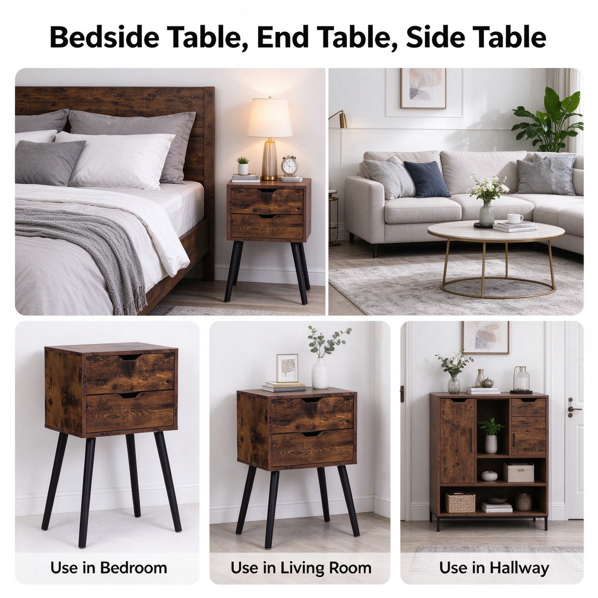 2 Pack Nightstand with 2 Drawers, Rustic Brown Black Bedside Table with Solid Pine Wood Legs, Hidden Pull End Side Table for Bedroom Living Room