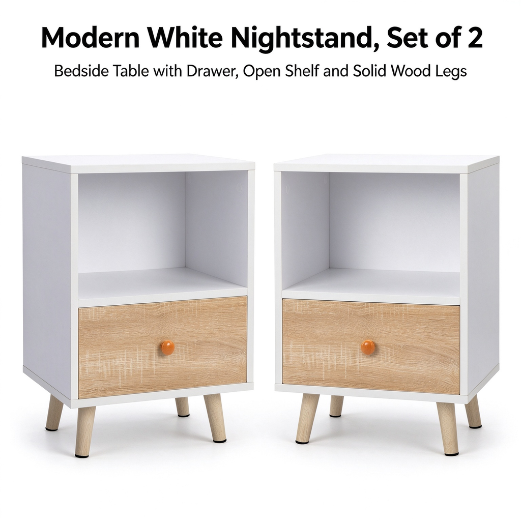 Nightstand Set of 2, White Bedside Table with Drawer & Open Storage Compartment, Solid Pine Wood Legs, End Side Table for Bedroom Living Room