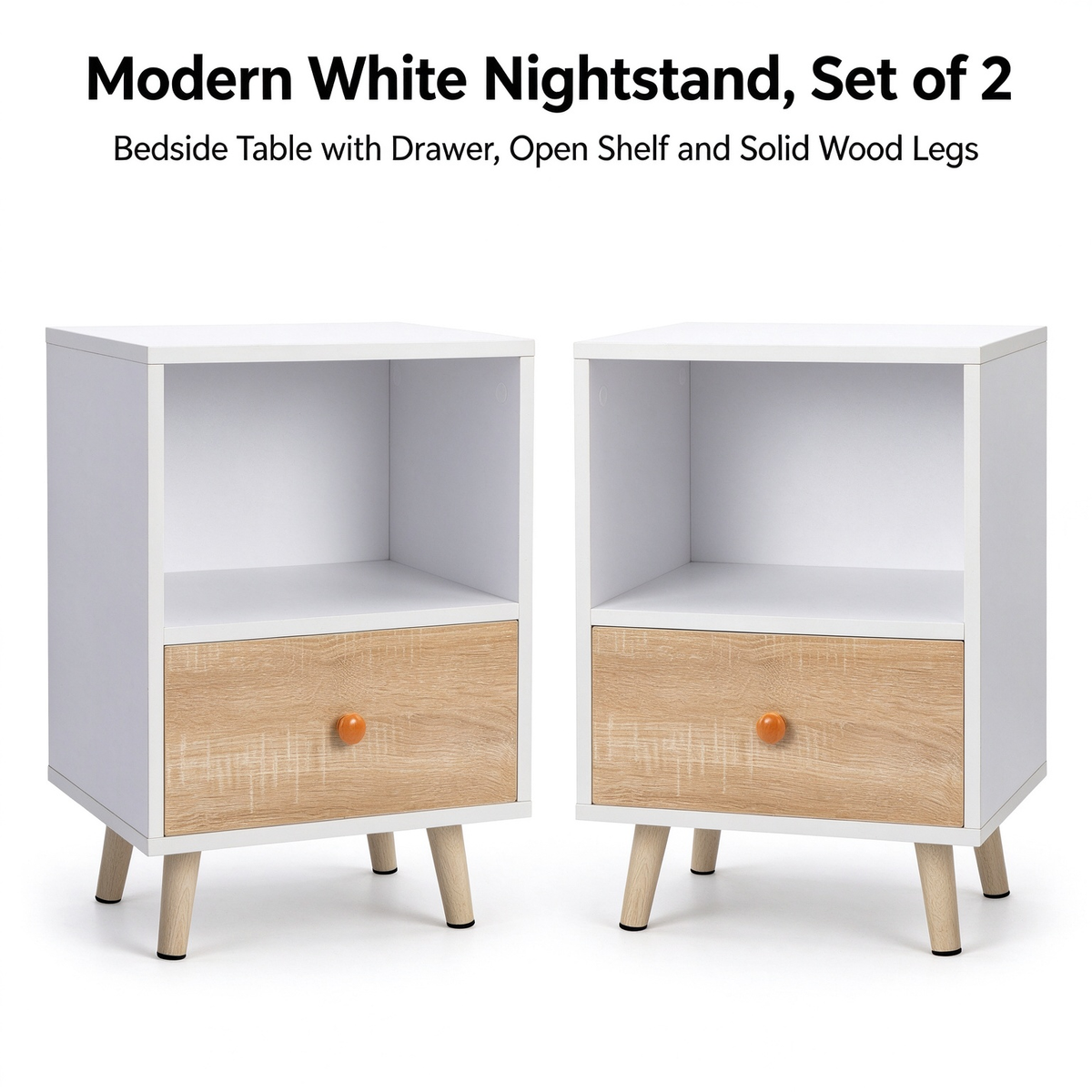 Nightstand Set of 2, White Bedside Table with Drawer & Open Storage Compartment, Solid Pine Wood Legs, End Side Table for Bedroom Living Room