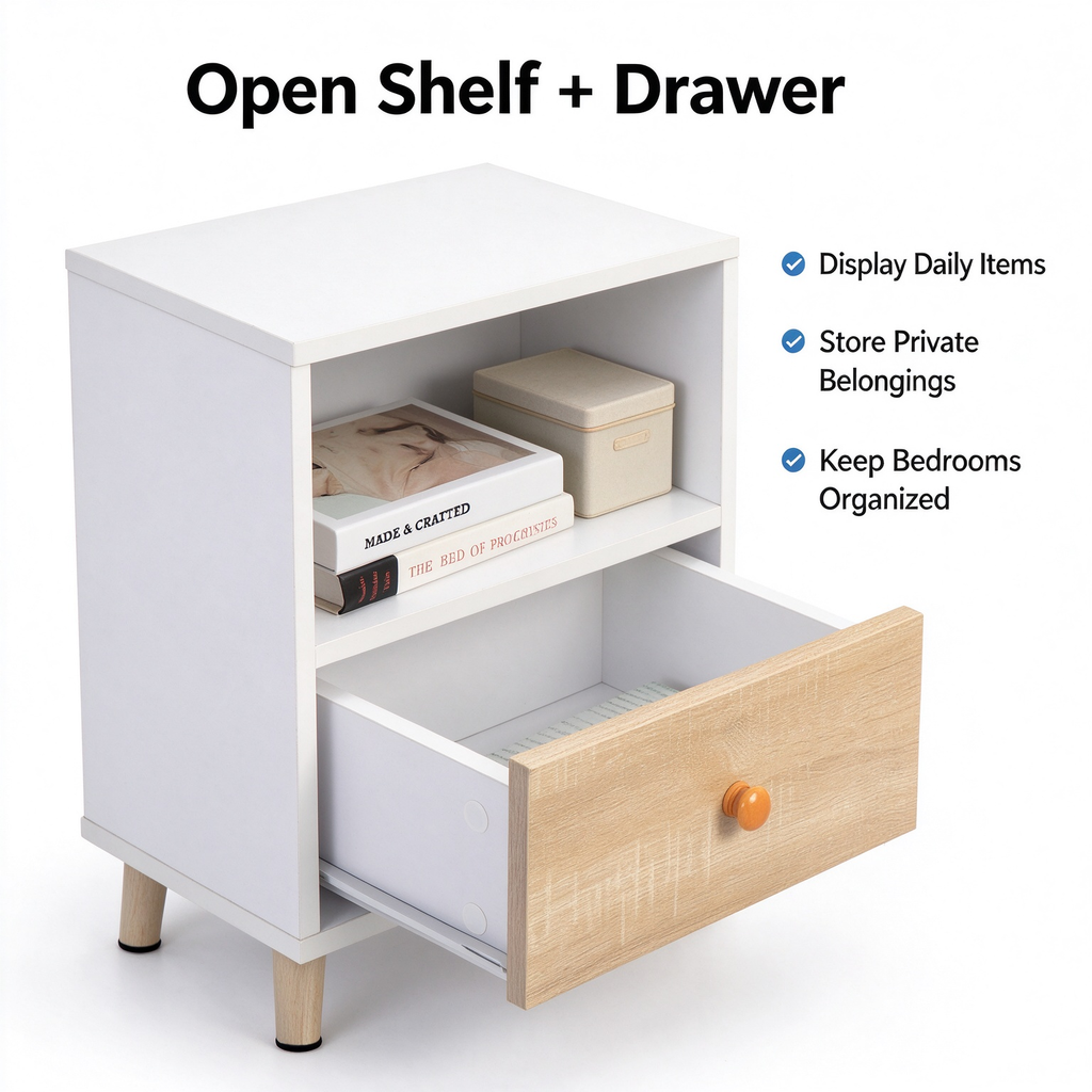 Nightstand Set of 2, White Bedside Table with Drawer & Open Storage Compartment, Solid Pine Wood Legs, End Side Table for Bedroom Living Room