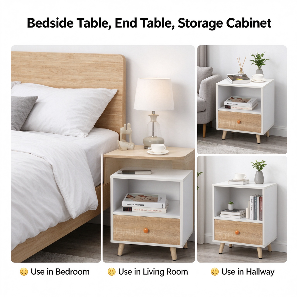 Nightstand Set of 2, White Bedside Table with Drawer & Open Storage Compartment, Solid Pine Wood Legs, End Side Table for Bedroom Living Room