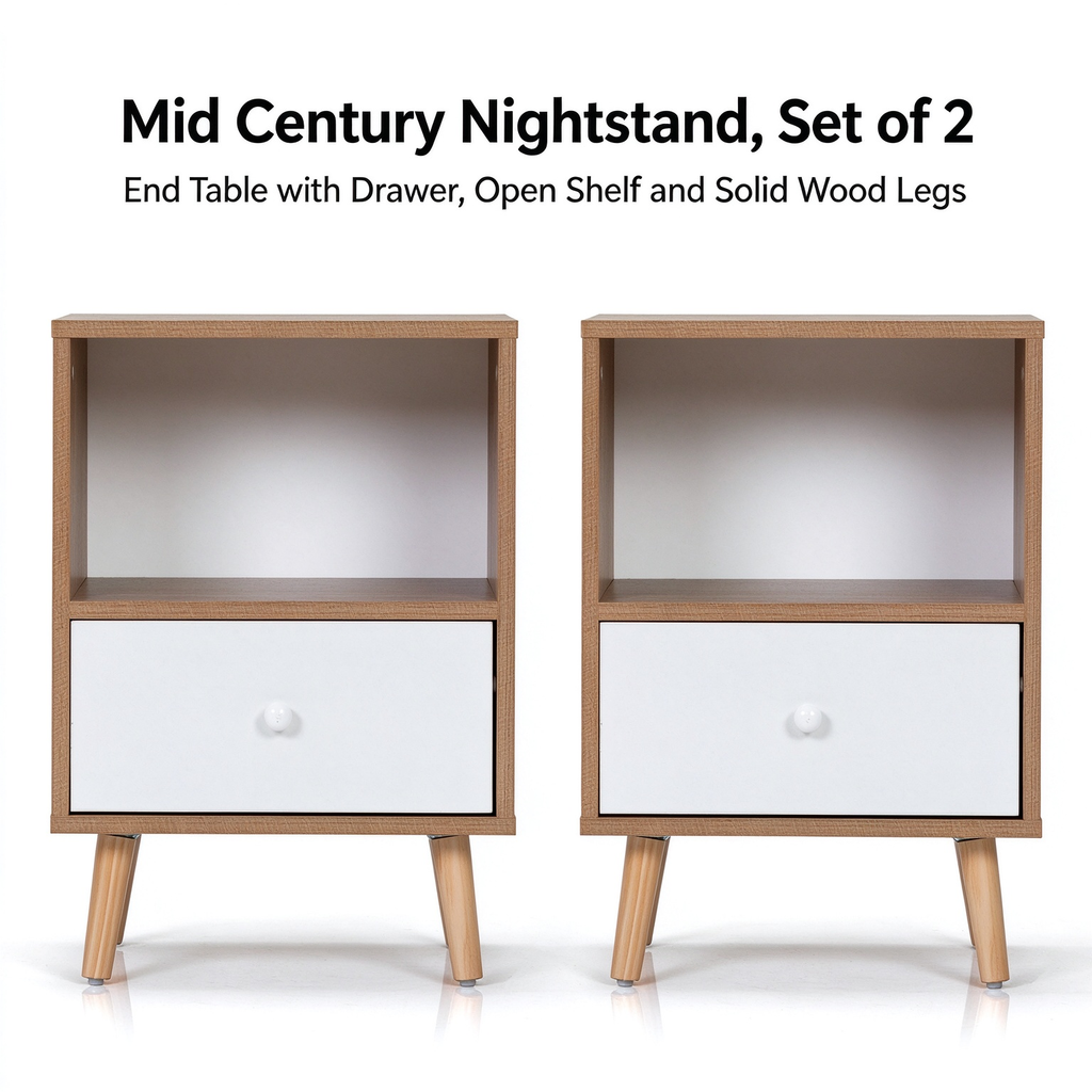 2 Pack Mid Century Nightstand, MDF Bedside Table with Drawer & Open Storage Shelf, Pine Wood Legs End Table for Bedroom Living Room, Natural Wood & White