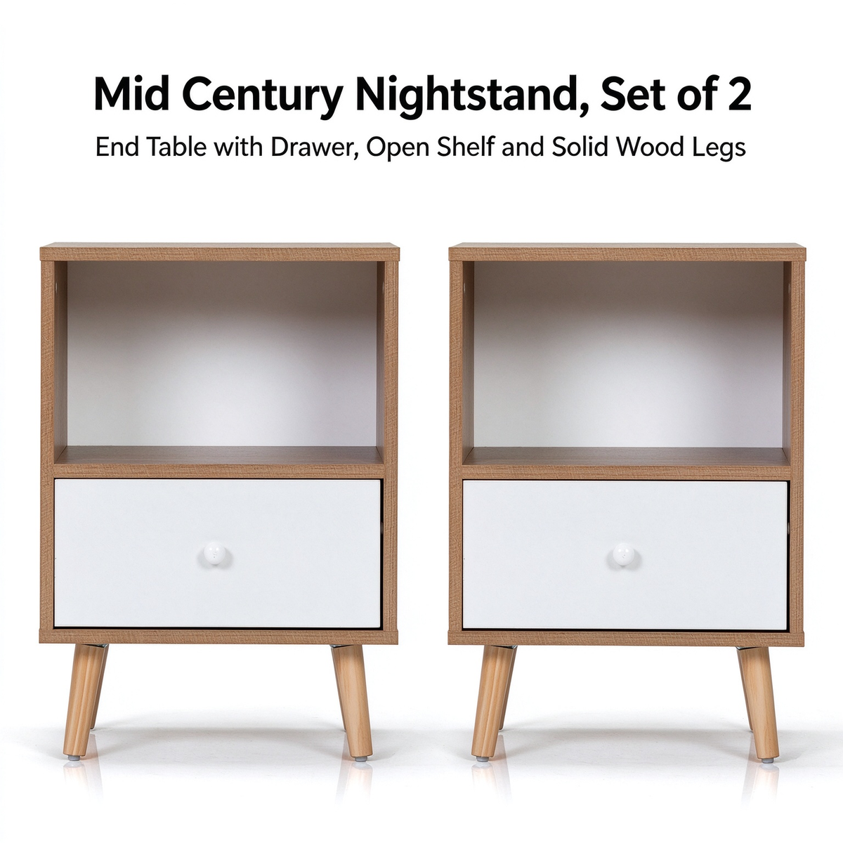 2 Pack Mid Century Nightstand, MDF Bedside Table with Drawer & Open Storage Shelf, Pine Wood Legs End Table for Bedroom Living Room, Natural Wood & White