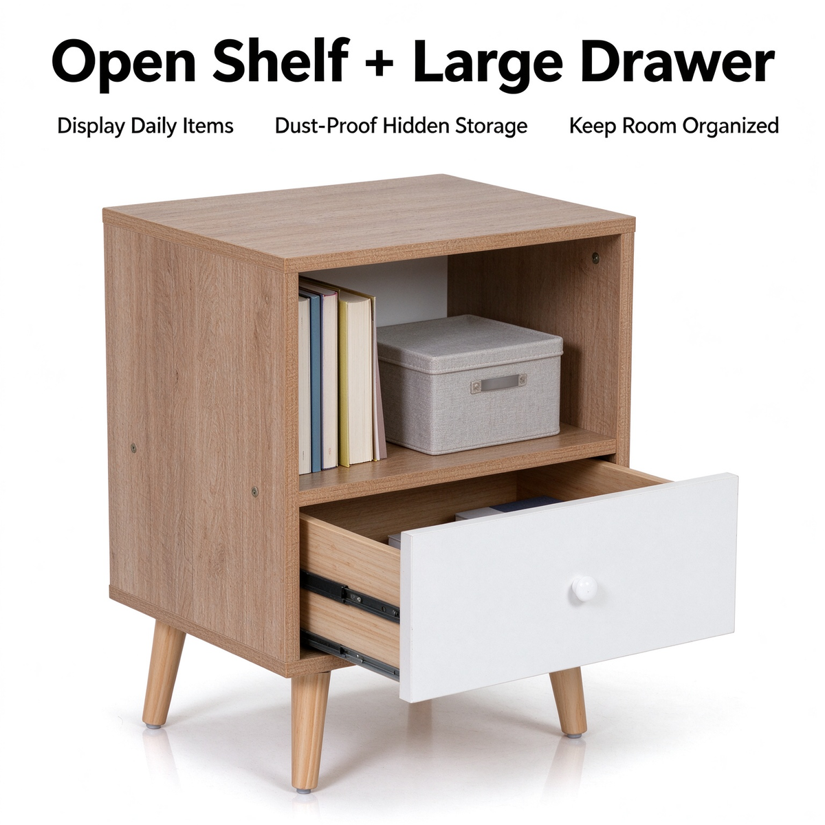 2 Pack Mid Century Nightstand, MDF Bedside Table with Drawer & Open Storage Shelf, Pine Wood Legs End Table for Bedroom Living Room, Natural Wood & White