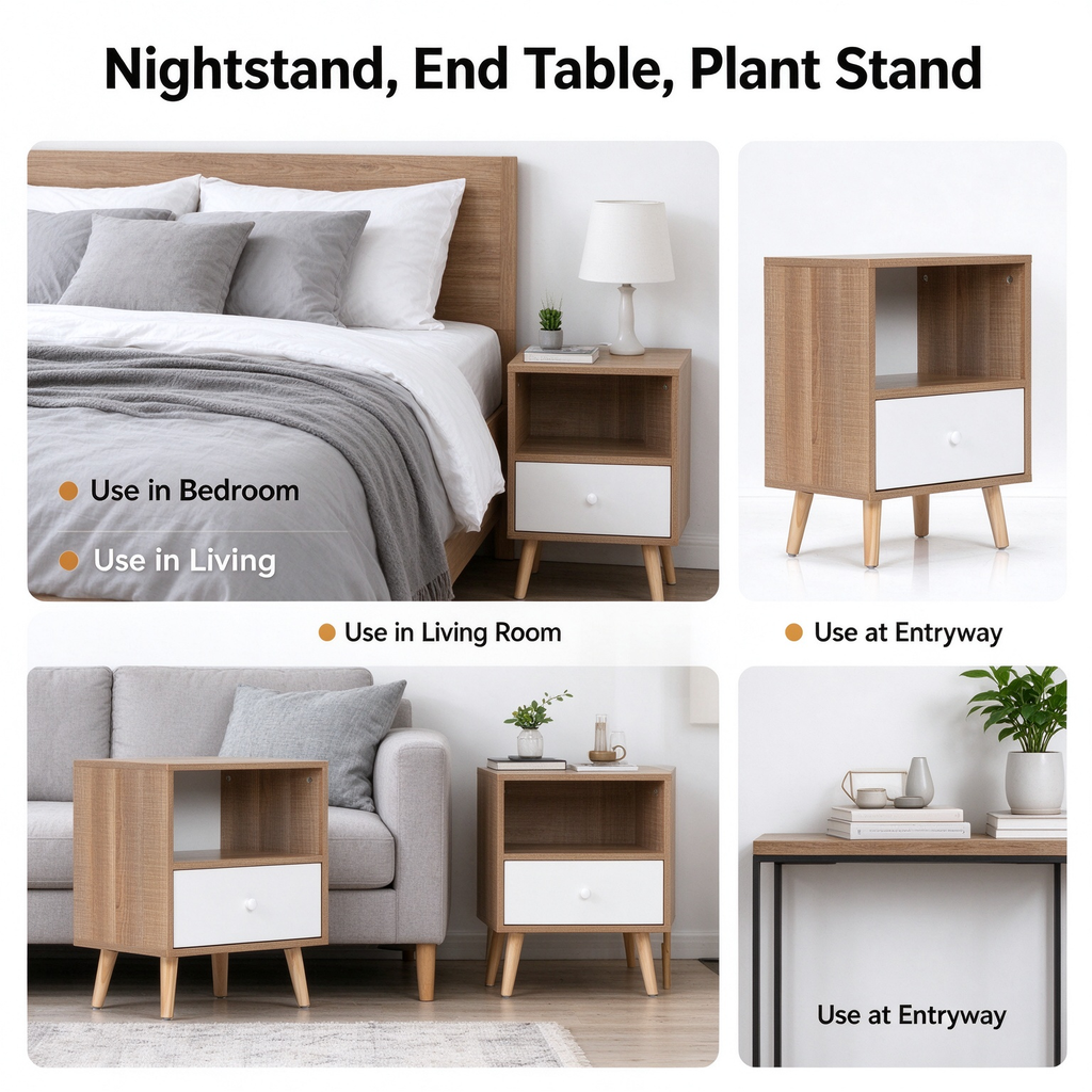 2 Pack Mid Century Nightstand, MDF Bedside Table with Drawer & Open Storage Shelf, Pine Wood Legs End Table for Bedroom Living Room, Natural Wood & White