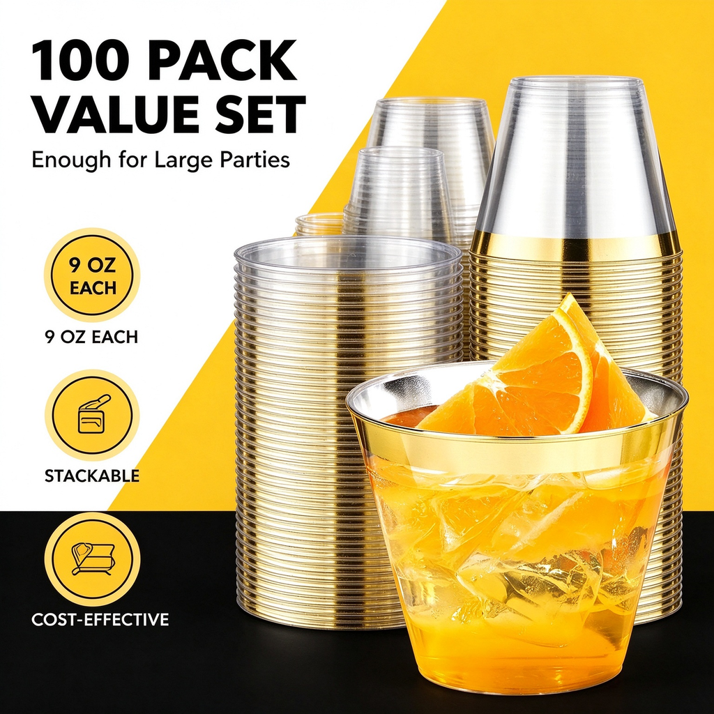 100-Pack 9oz Heavy-Duty Disposable Plastic Tumbler Cups, Clear Party Cups with Elegant Gold Rim for Wedding, Birthday & Holiday Events