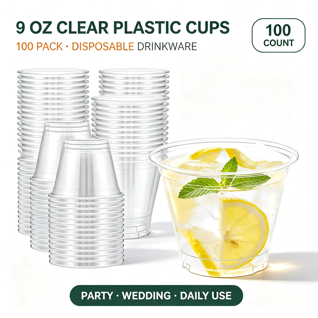 100‑Pack 9oz Sturdy Clear Disposable Plastic Cups, Food‑Safe Party Tumblers for Wine, Cocktail and Punch Drinks