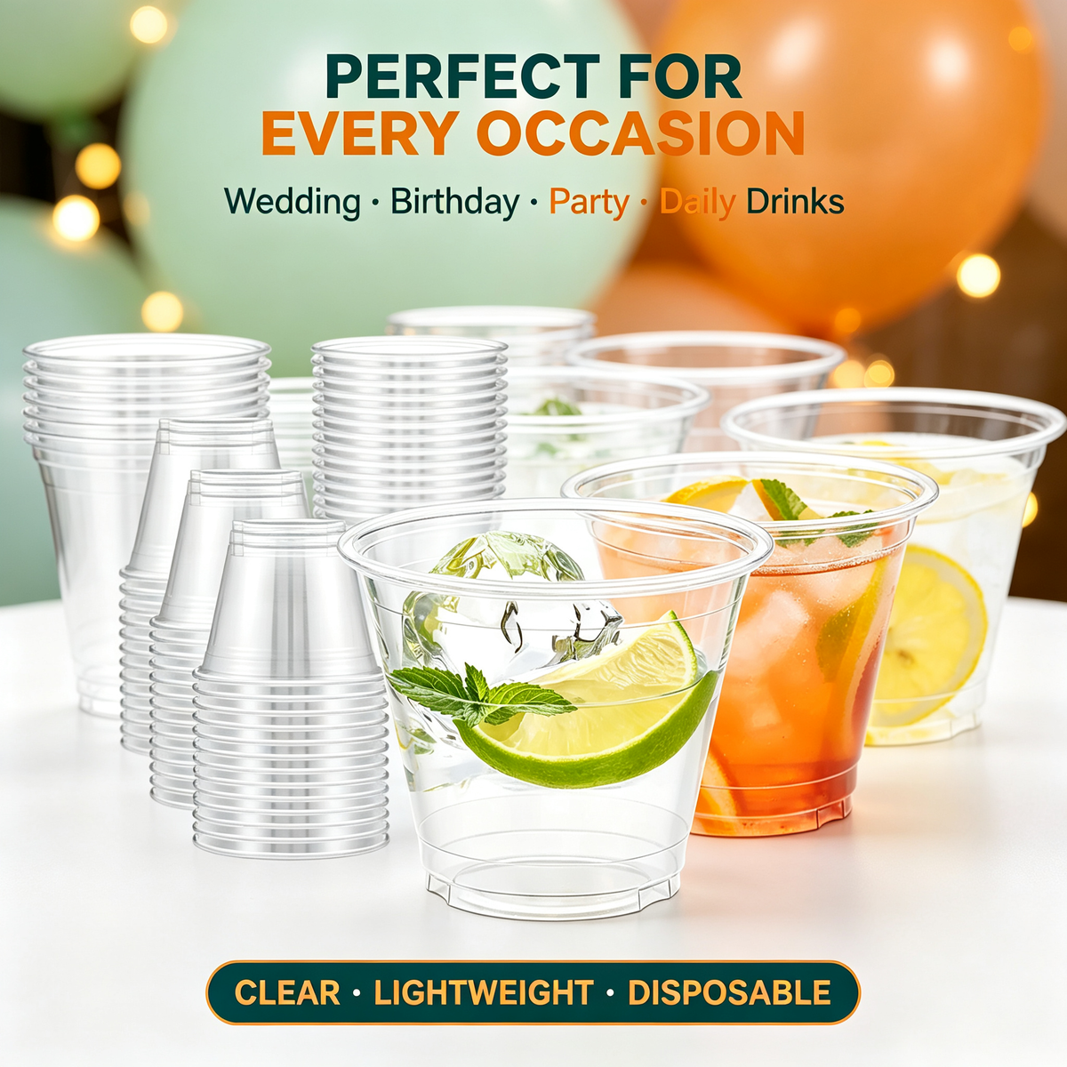 100‑Pack 9oz Sturdy Clear Disposable Plastic Cups, Food‑Safe Party Tumblers for Wine, Cocktail and Punch Drinks