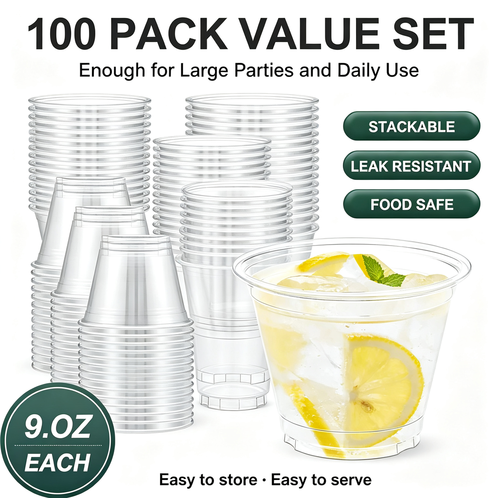 100‑Pack 9oz Sturdy Clear Disposable Plastic Cups, Food‑Safe Party Tumblers for Wine, Cocktail and Punch Drinks