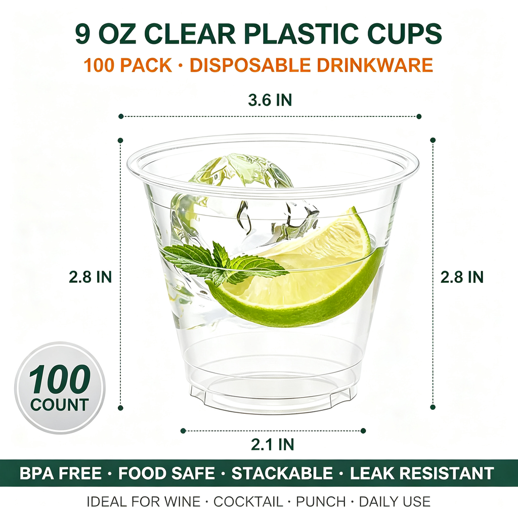 100‑Pack 9oz Sturdy Clear Disposable Plastic Cups, Food‑Safe Party Tumblers for Wine, Cocktail and Punch Drinks