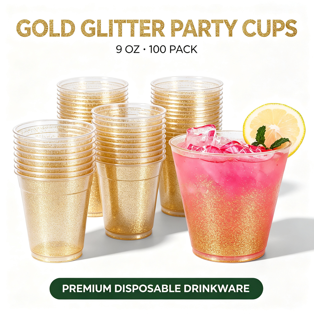 100-Pack 9oz Gold Glitter Disposable Plastic Tumbler Cups, Premium Heavy-Duty Party Drinkware for Cocktails & Cold Beverages